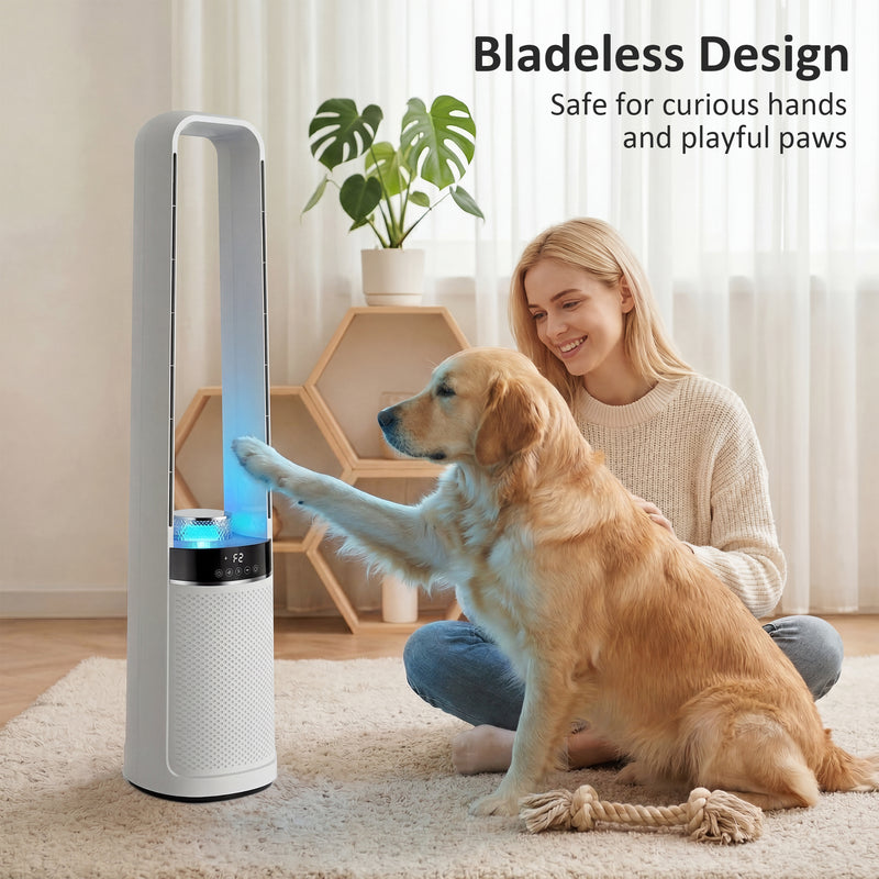 Oscillating Bladeless Tower Fan with Quiet Sleep Mode LED Lights and Remote Control for Bedrooms and Living Rooms, White