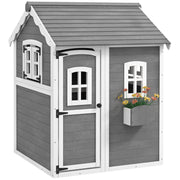 Wooden Kids Playhouse with Doors Windows and Planter Box for Garden Play Grey
