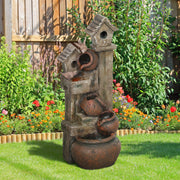 2-in-1 Waterfall Fountain with Birdhouse LED Lights and Pump Tree Trunk Design by Outsunny