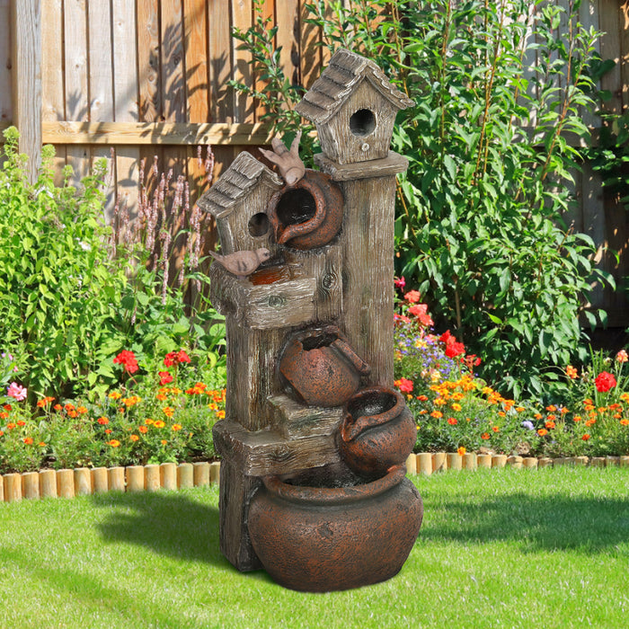 2-in-1 Waterfall Fountain with Birdhouse LED Lights and Pump Tree Trunk Design by Outsunny