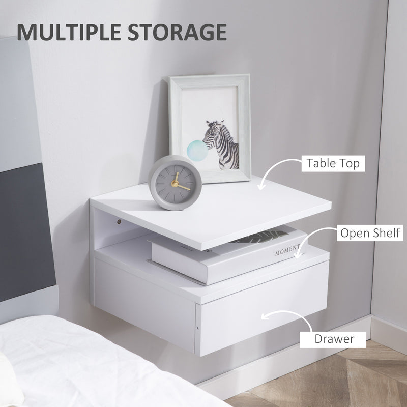 Set of 2 Wall Mounted Bedside Tables with Storage Shelf for Bedroom Space Saving, White