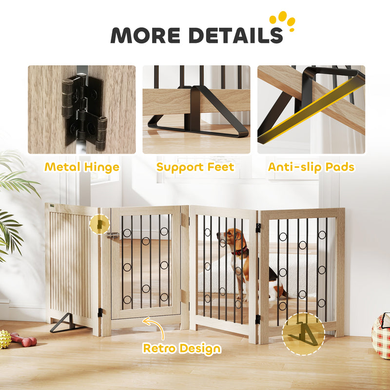 4 Panel Freestanding Pet Gate with Lockable Door and Support Feet for Indoor Use Oak AOSOM