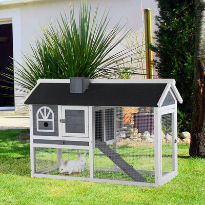 Wooden Guinea Pig and Rabbit Hutch With Pull Out Tray and Ramp for Outdoor Indoor Use, Grey