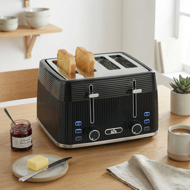 4 Slice Toaster with Dual Controls for Fast Family Breakfasts Black Silver Tone Homcom
