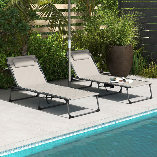 Set of 2 Khaki Sun Loungers with 5 Position Reclining Backs for Relaxing Outdoors