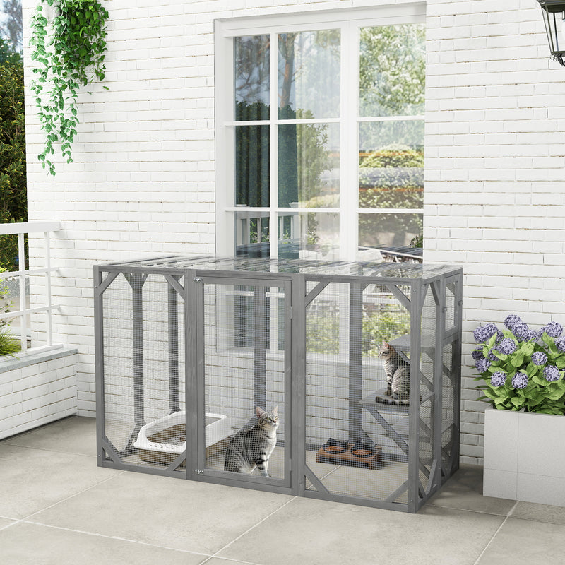 Grey Wooden Outdoor Cat House With Large Door, Platforms and Weatherproof Roof by PawHut
