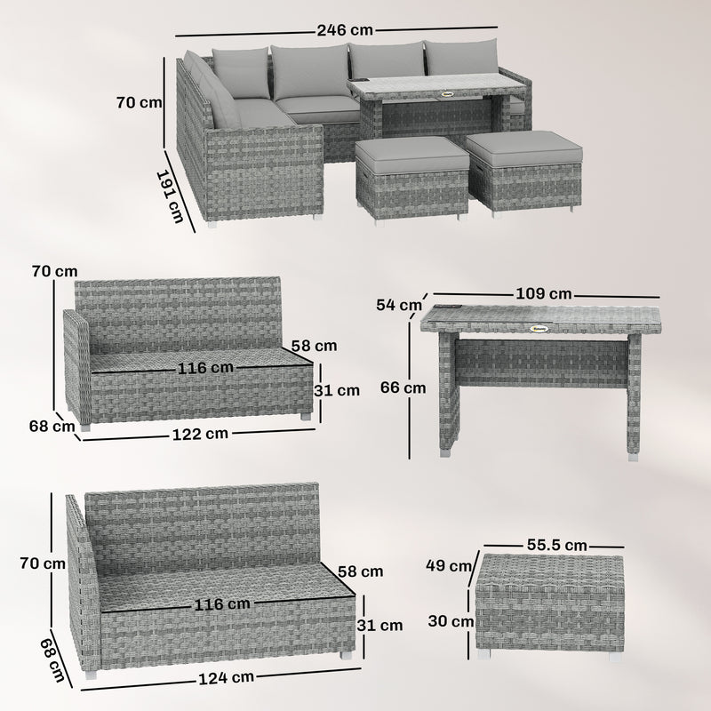 Rattan Garden Dining Set for 6 with Cushions and Table for Outdoor Relaxing Grey