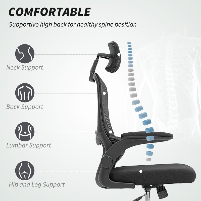 Mesh Office Chair with Lumbar Support and Flip Up Arms for Comfortable All Day Work Black
