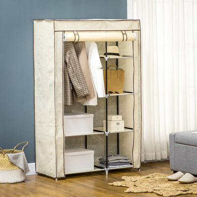 Cream White Fabric Portable Wardrobe with 6 Shelves and Hanging Rail by HOMCOM