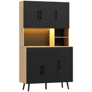 Tall Kitchen Storage Cabinet with LED Lighting and Adjustable Shelves, Oak and Black