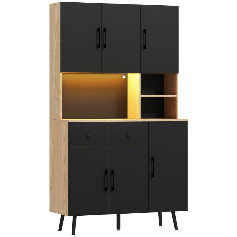 Tall Kitchen Storage Cabinet with LED Lighting and Adjustable Shelves, Oak and Black