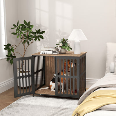 Walnut anti-chew dog crate showing reinforced frame edges with chew-resistant coating