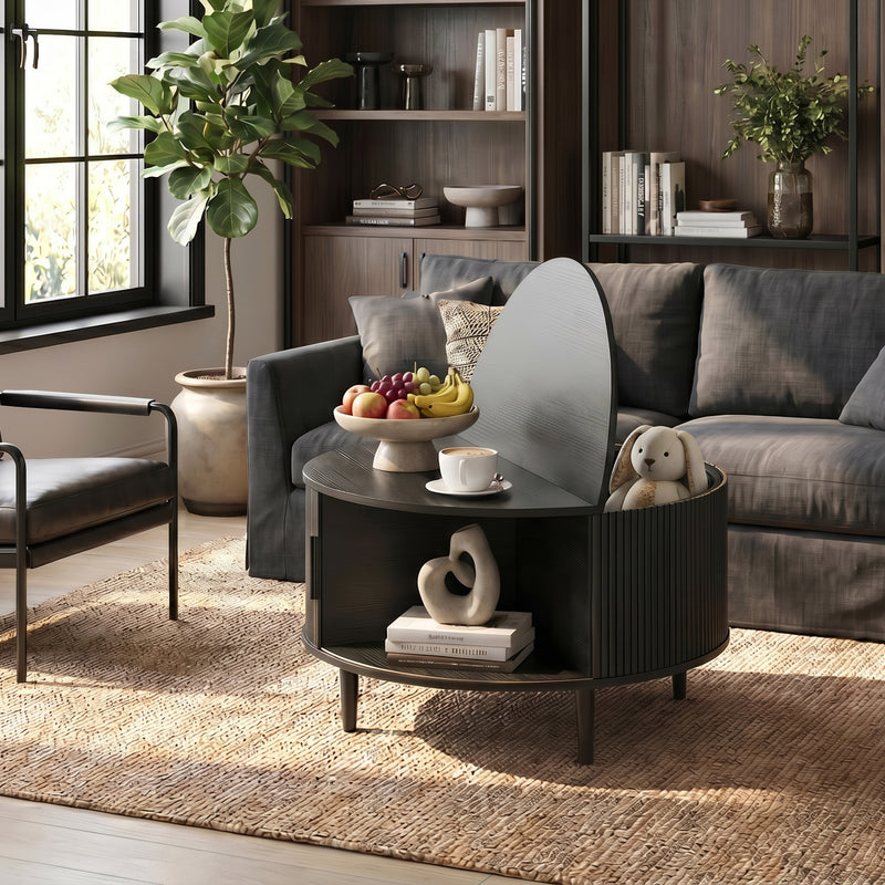 Round Coffee Table with Hidden Storage for Safer Family Living Room Black Wood Effect