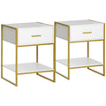 Set of 2 Modern Bedside Tables With Drawer and Shelf for Bedroom or Lounge White and Gold