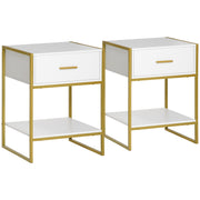 Set of 2 Modern Bedside Tables With Drawer and Shelf for Bedroom or Lounge White and Gold