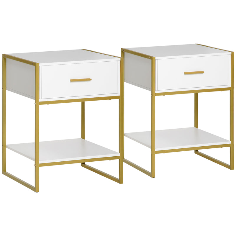 Set of 2 Modern Bedside Tables With Drawer and Shelf for Bedroom or Lounge White and Gold