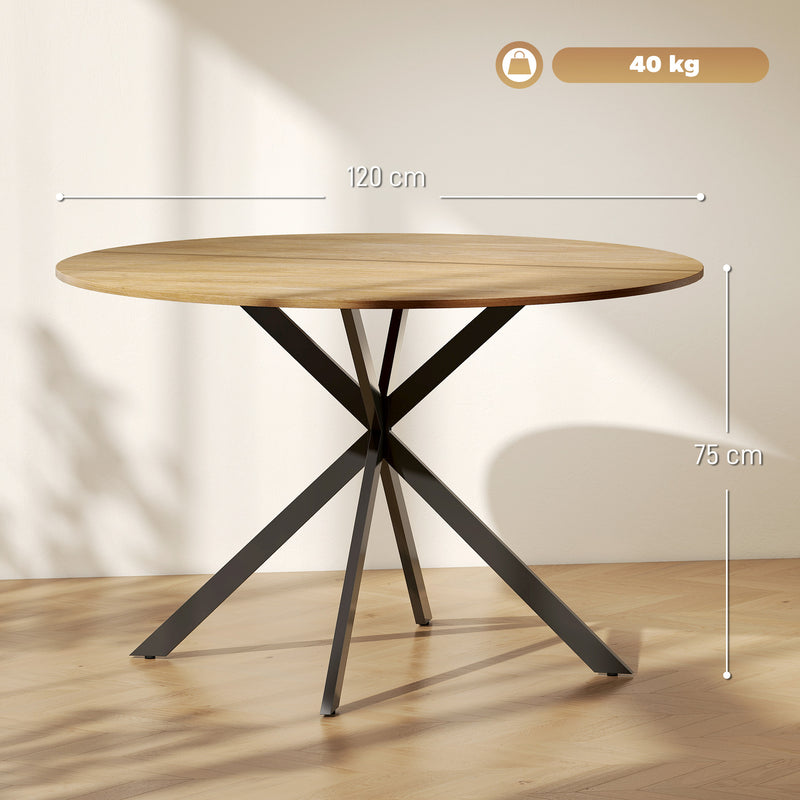 4 Seat Round Dining Table Industrial Style with Wood Effect Top and Black Steel Frame for Kitchen