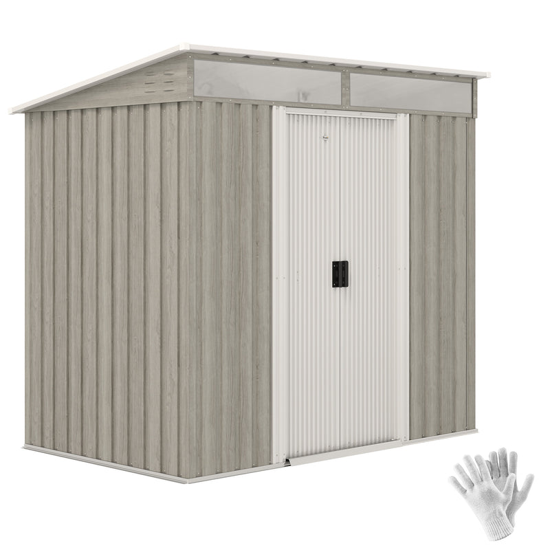 Light Grey Wood Effect Metal Garden Storage Shed with Sliding Doors and Base Kit by Outsunny