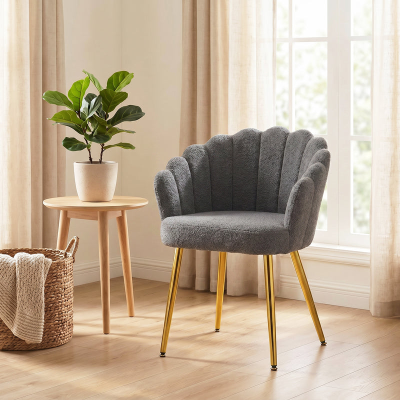 Accent Chair for Bedroom or Lounge with Soft Faux Lamb Wool and Petal Back Grey