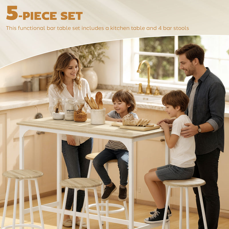 Breakfast Bar Table and Four Stools Set Space Saving for Small Kitchens Natural Wood White AOSOM