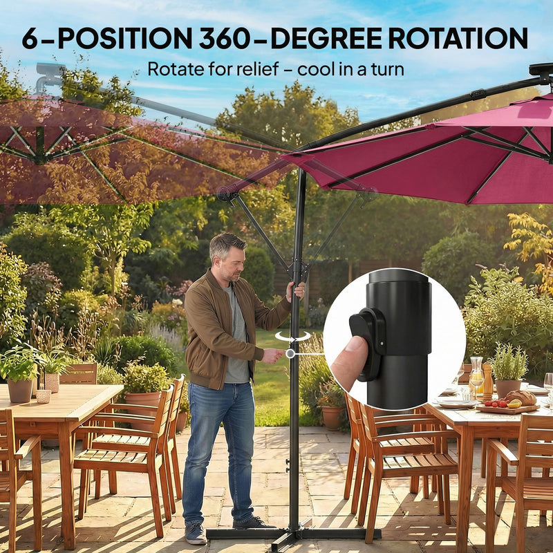 Cantilever Parasol with Lights and Adjustable Shade for Patios, Free Rain Cover, Wine Red