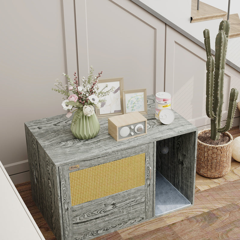 Grey Boho Style Cat Litter Box Enclosure with Rattan Door Scratching Mat and Toy Ball by PawHut