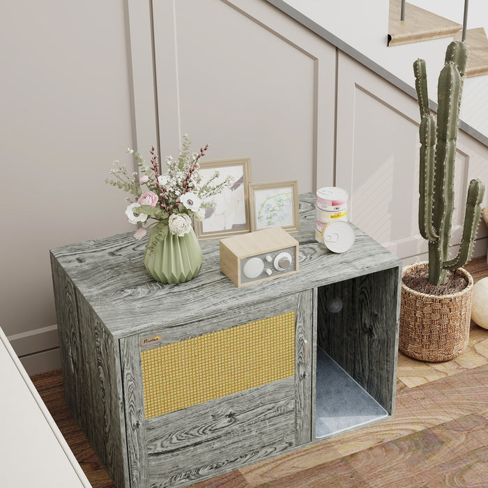 Grey Boho Style Cat Litter Box Enclosure with Rattan Door Scratching Mat and Toy Ball by PawHut