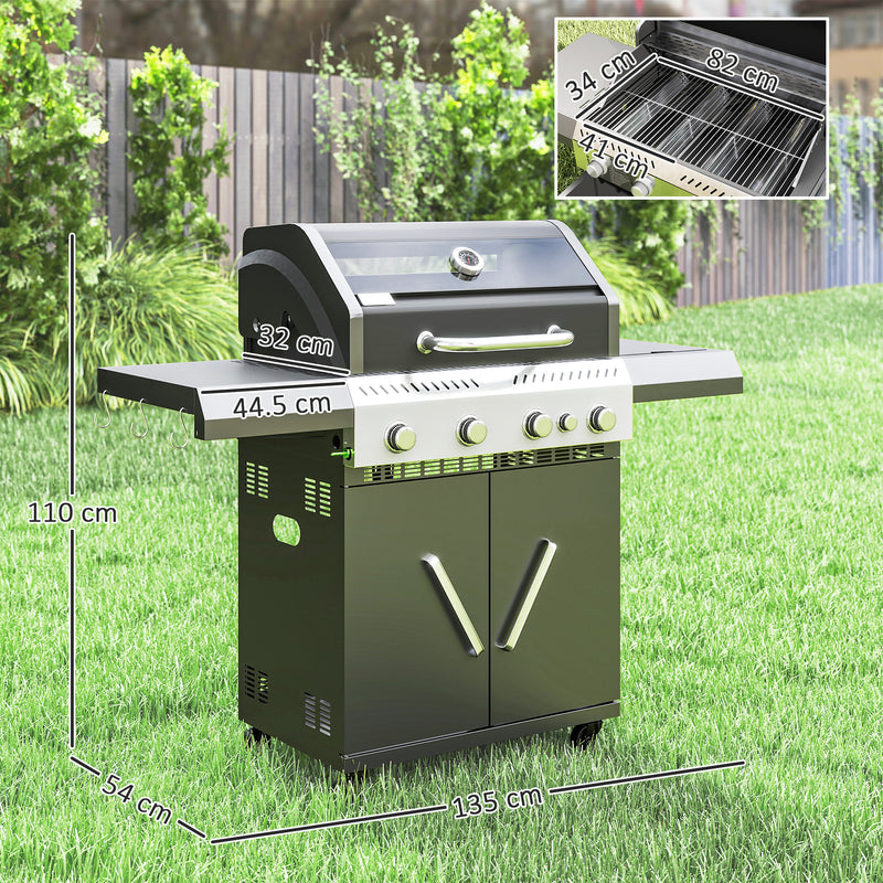 Black 4+1 Burner Gas BBQ Grill with Clear View Lid and Side Table for Outdoor Cooking by Outsunny