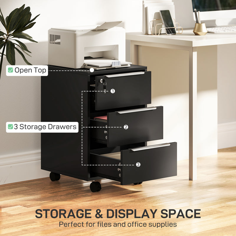 Black Three Drawer Lockable Filing Cabinet with Spacious Storage by Homcom