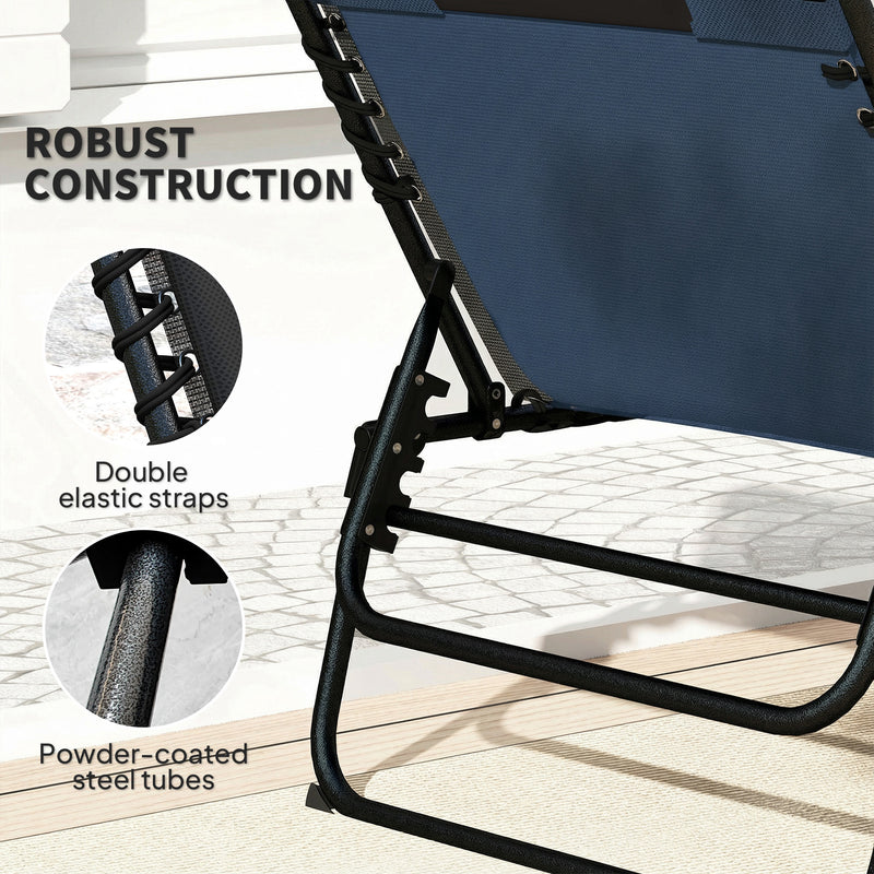 Set of 2 Adjustable Folding Sun Loungers with Side Pockets for Garden Relaxing Dark Blue