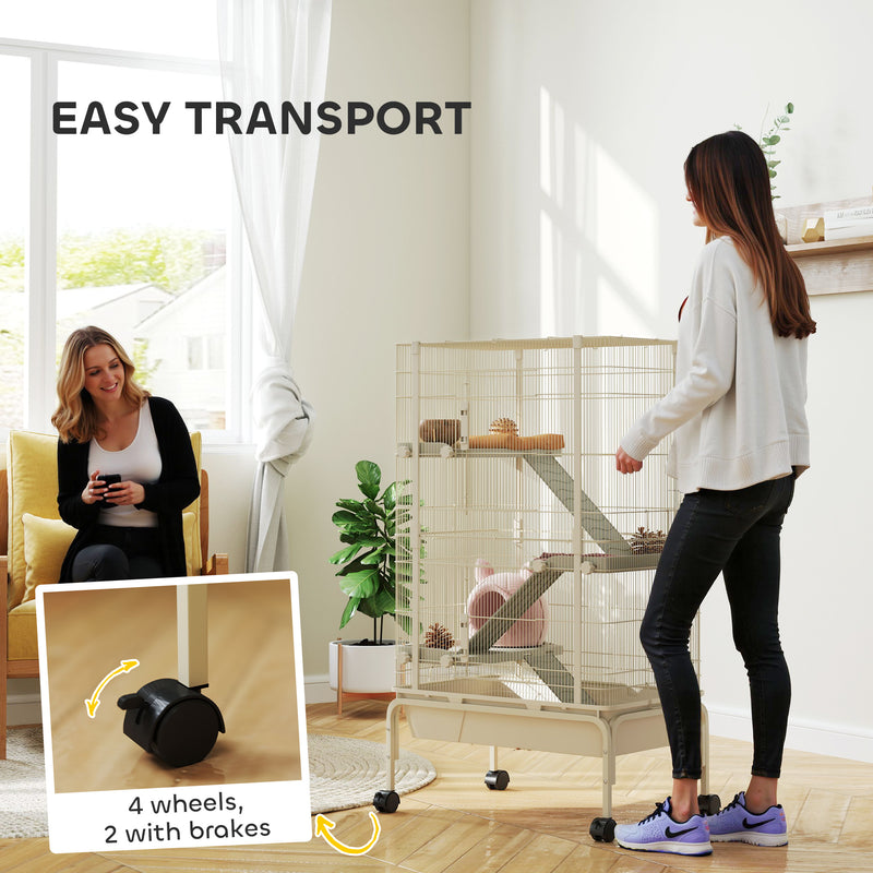 4 Level Rolling Small Animal Cage With Ramps Water Bottle and Deep Tray Beige by PawHut