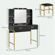 Dressing Table Set With Drawer Storage and Padded Stool for Bedroom Use Black