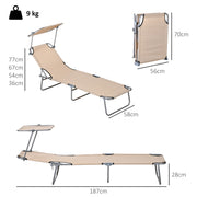Set of 2 Foldable Sun Loungers With Adjustable Backrest and Sun Shade For Garden or Beach