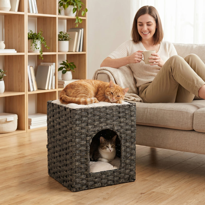 Two Level Cat House with Hideaway and Lounging Platform Easy Clean Grey Beige