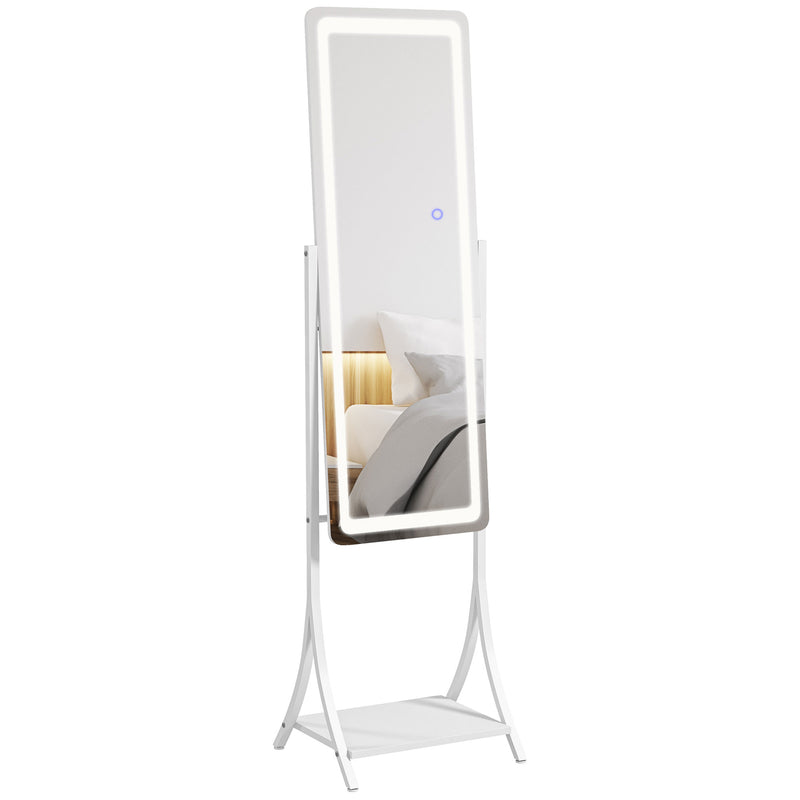 Full Length LED Dressing Mirror With Storage Shelf and 3 Light Modes, White