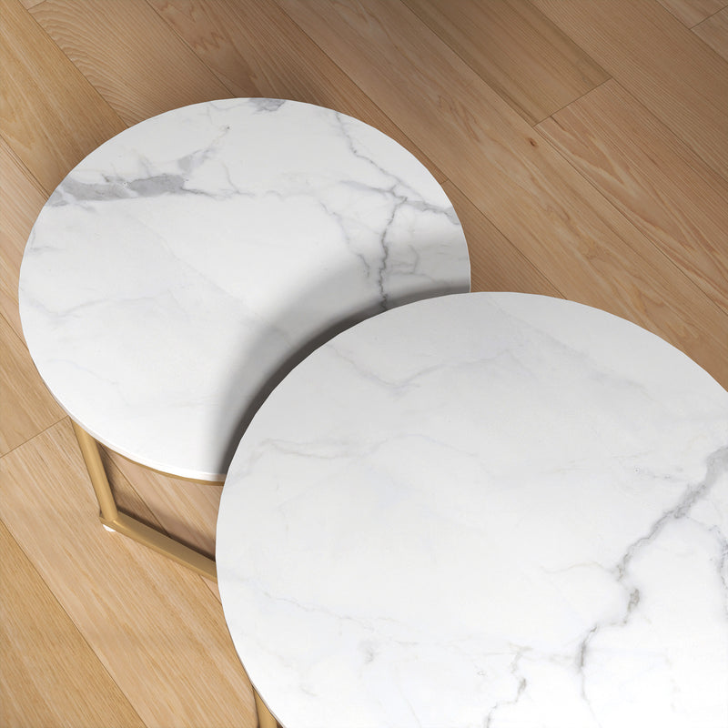 Set of Two White Marble Effect Nesting Tables with Gold Tone Frame by HOMCOM