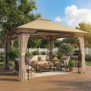3.3 x 3.3m Metal Garden Gazebo with Mesh Sides for Shade and Insect Protection, Khaki Outsunny