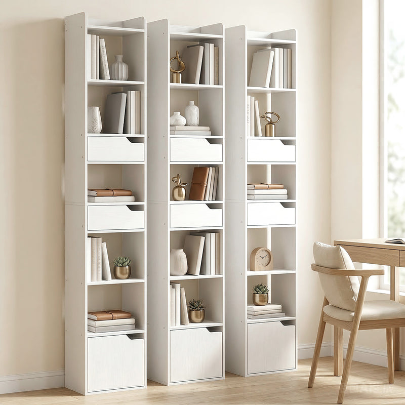 Slim Corner Bookcase with Shelves Drawers and Cabinet for Small Spaces White Wood Effect