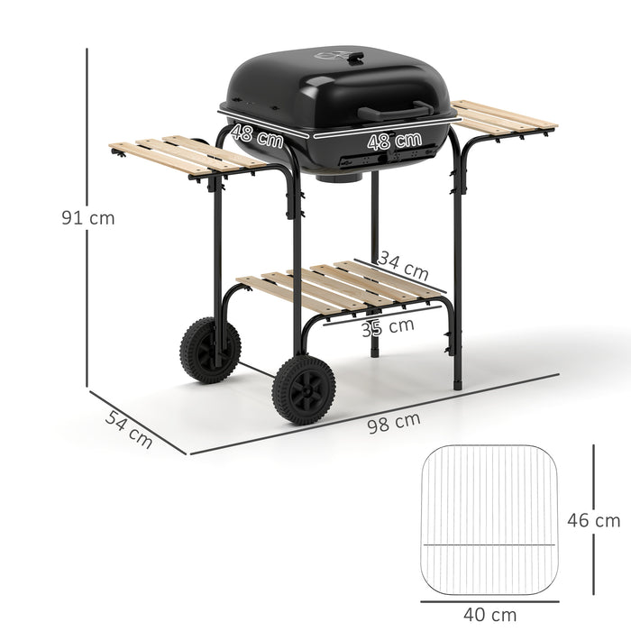 Portable Charcoal BBQ Grill with Large Cooking Area Shelves Wheels Lockable Lid by Outsunny