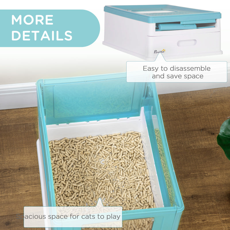 Light Blue Hooded Cat Litter Box with Scoop and Front Entry Portable Pet Toilet
