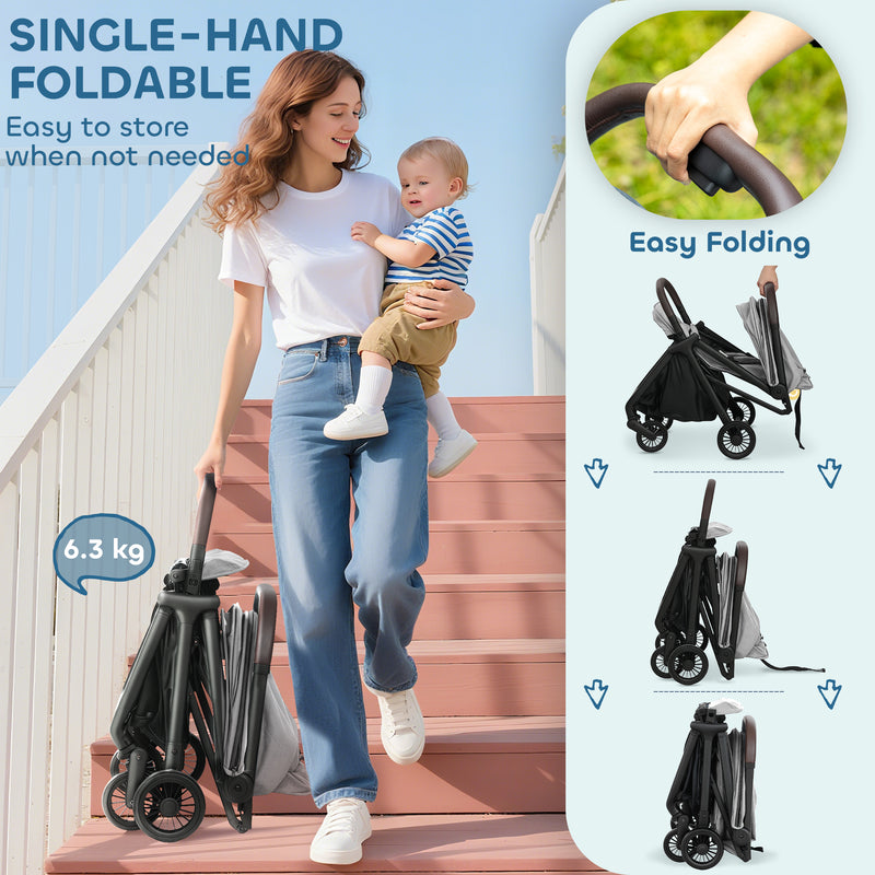 Foldable Baby Stroller with Adjustable Recline and Storage Basket Lightweight Light Grey AOSOM