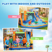 Kids Inflatable Bouncy Castle with Water Slide and Ball Pit for Garden Play Blue Orange AOSOM