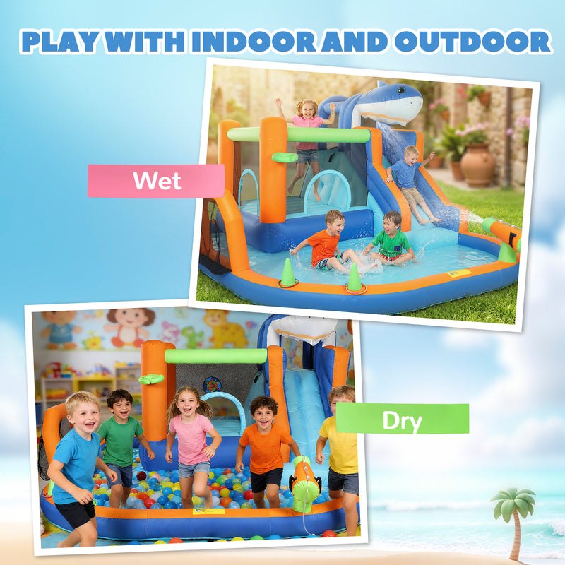 Kids Inflatable Bouncy Castle with Water Slide and Ball Pit for Garden Play Blue Orange AOSOM