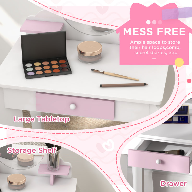 Wooden Kids Bedroom Furniture Set with Bed and Dressing Table for Ages 3 to 6 Years, Pink Bunny Design