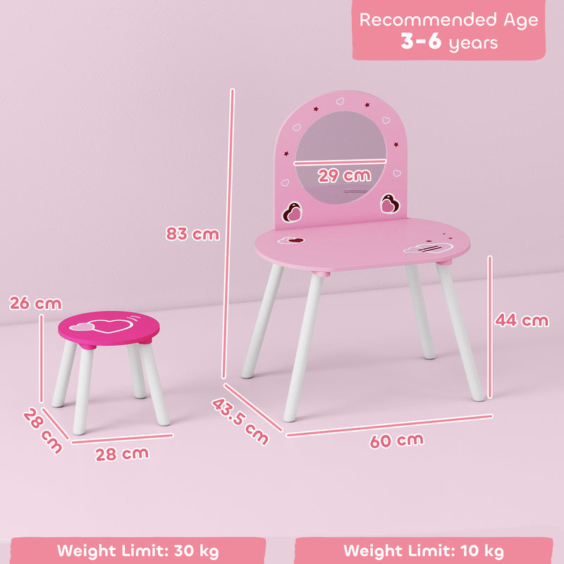 Kids Vanity Table with Mirror and Stool for Bedroom or Nursery Ages 3 to 6 Pink AOSOM
