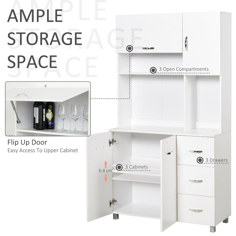 White Tall Kitchen Storage Cabinet With Countertop Drawers And Shelves 183cm High