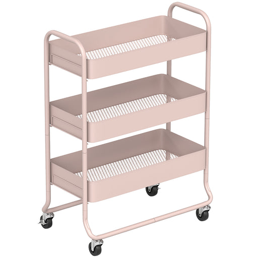 3 Tier Rolling Storage Trolley With Mesh Baskets For Kitchen Or Bathroom Use Light Pink