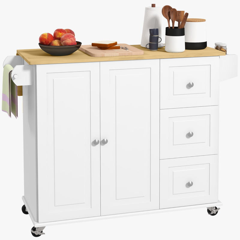 White Kitchen Island Trolley with Drop Leaf Drawers Spice Rack and Wood Top