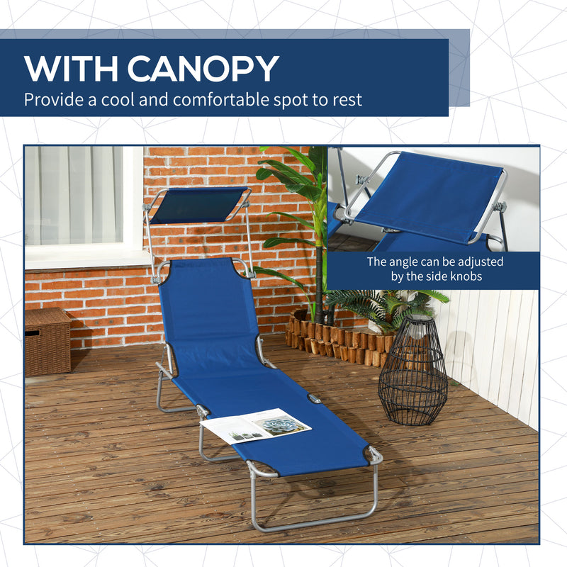 Set of 2 Blue Foldable Sun Loungers with 4 Position Adjustable Backrest and Sun Shade