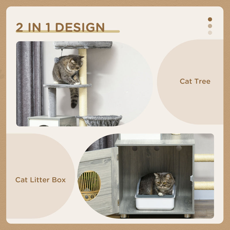 Enclosed Cat Litter Box with Bed and Scratching Posts for Indoor Cats, Grey